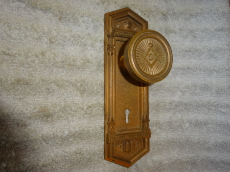 Original Masonic Entry Knob with Seeing Eye Door Plate by Russell & Erwin