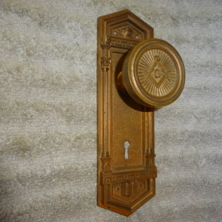 Original Masonic Entry Knob with Seeing Eye Door Plate by Russell & Erwin
