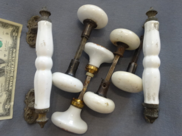 7 Original Porcelain Doorknobs and Two Porcelain Handles
